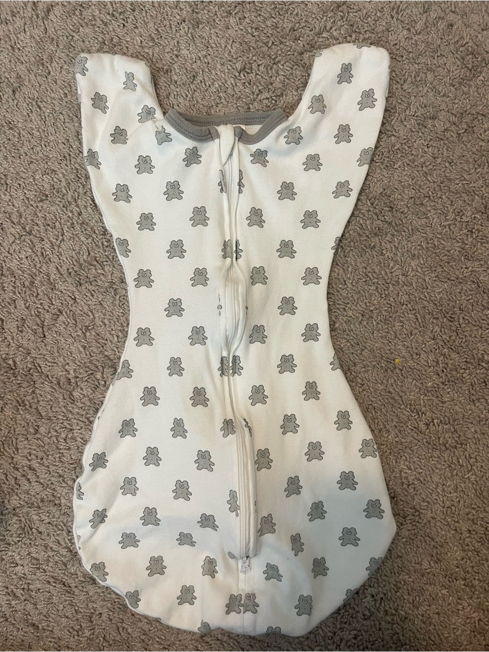 Neutral Bear-Print Zip Front Baby One-Piece Swaddle